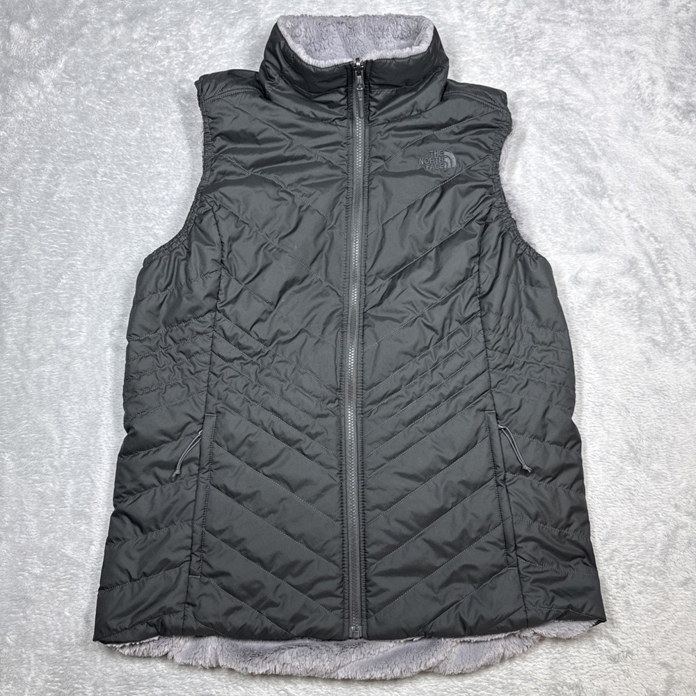 The North Face Mossbud Vest Women XL Black Gray Reversible Softshell Fleece